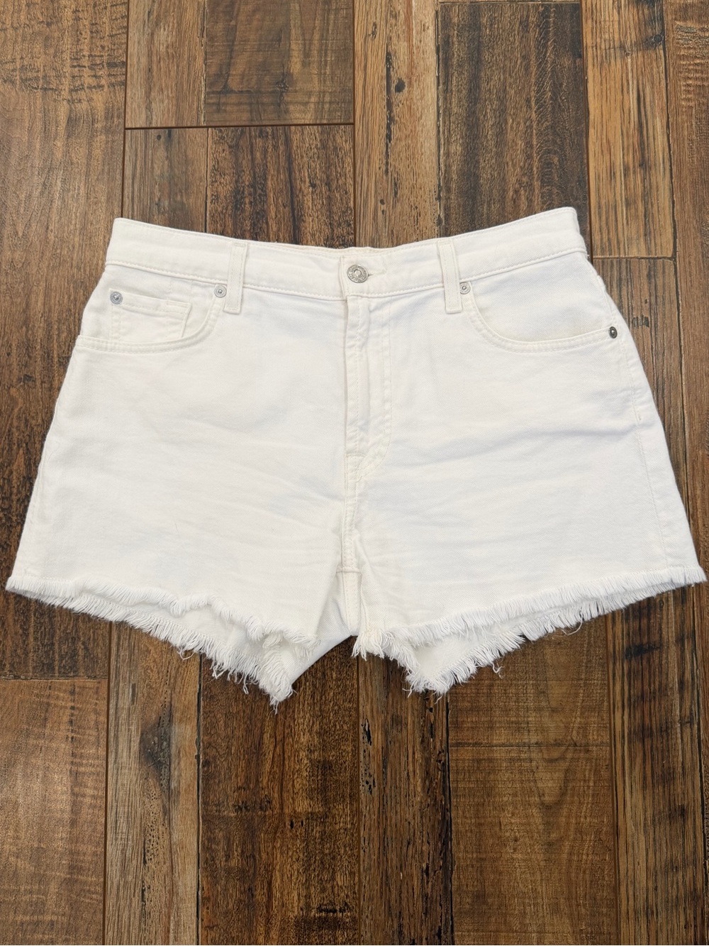 7 For All Mankind White Frayed Hem Denim Shorts